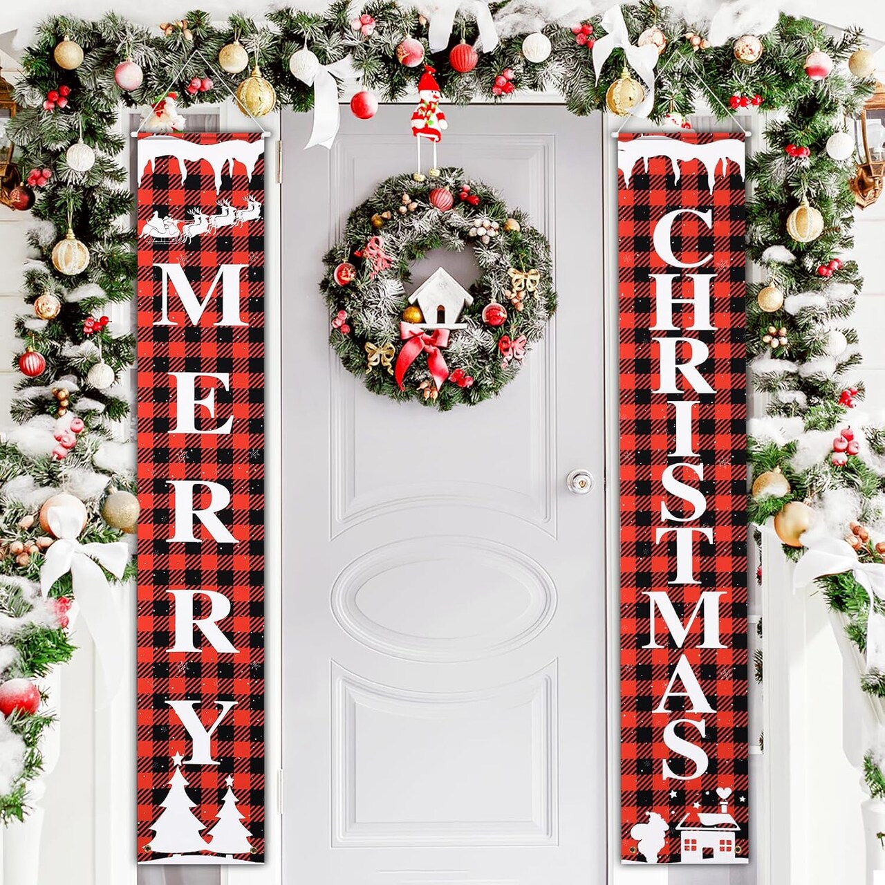 Christmas Decorations Outdoor Yard Front Porch Sign Set, Red Plaid Door Banner(Christmas Tree)13.5"L x 5.3"W